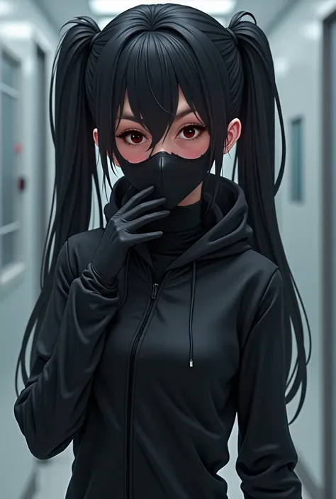 A bishoujo anime girl Wearing a Black zip up clean room suit with a hood, black latex gloves, goggles a black surgical mask has black hair in twin tails and red eyes