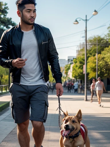 2men, A handsome Filipino man in his late 30s wearing a jacket and tight fitting cargo shorts emphasizing his thick thighs and bulging crotch, takes his Mexican boyfriend out for a walk on a leash. Environment a busy park ful of half dressed men, photoreal...