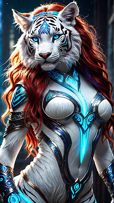 Create an image of a stunning hybrid creature, a fusion of a beautiful red-haired woman and a massive white tiger with long fur. The being has neon blue outlined eyes and is surrounded by a bright blue light, appearing as a glowing spirit. The hybrid wears...