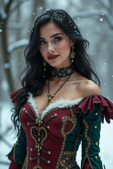 woman, black hair, big breasts, Christmas jester type, snow, smiling, full body , sexy, wonderland, looking at the camera, photorealistic