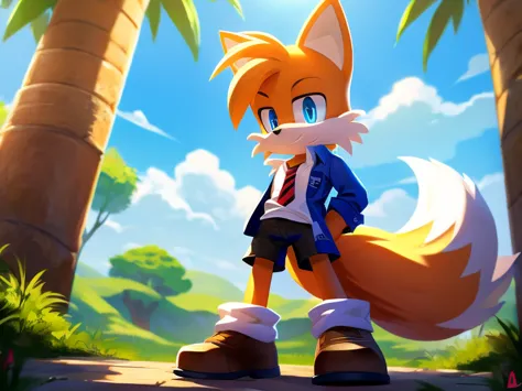 fox tails, shiny hair, blue eyes, detailed body, open shirt, short pants, high quality, a masterpiece