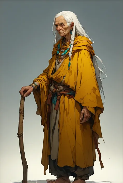 1girl, full body sprite, from the front, visual novel, very old woman, wooden cane, back, serious expression, elderly woman, detailed wrinkles, white hair, very long hair, slightly messy hair, piercing gaze, ancient woman, tribal accessories, rustic jewelr...