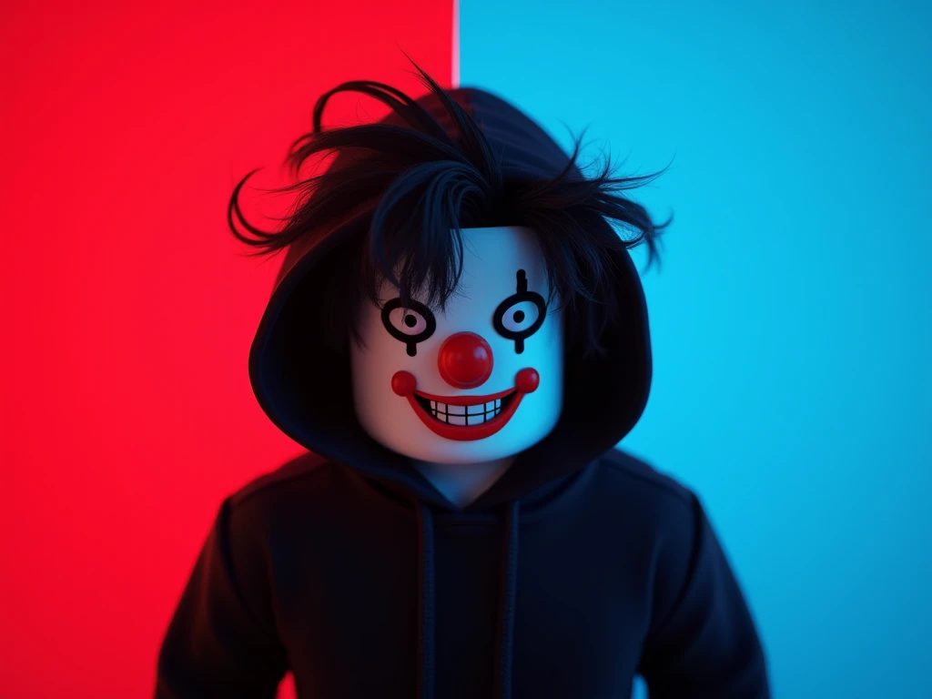  A boys-style Roblox character wearing a clown mask smiling untidy wavy black hair, with a black hood , And that only his face and the background are half red and the other blue 