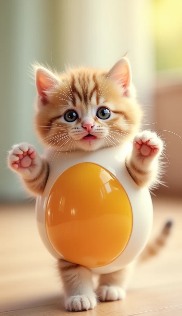  “A cute kitten dancing ,  Looking forward, with an egg disguise.  The kitten should look adorable ,  with big expressive eyes ,  and be in motion as if having fun .  The bottle costume should be creative and funny , covering the kittens body ,  but still ...