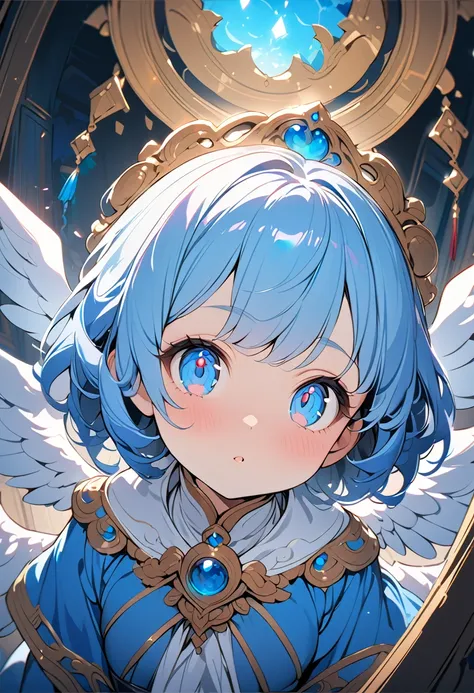 a small winged petite girl with pale blue hair in a medium hairstyle, wearing a blue robe, has small angel wings on her back, has a round face, blue eyes, and delicate features, in a fantasy anime-style portrait, whimsical and comedic in tone, (best qualit...