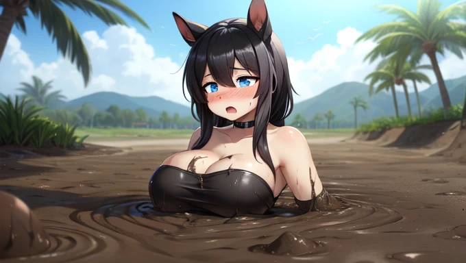 1girl, solo, (furry horse girl:1.2), (black hair:1.5), blue eyes, (large breast:1.2), BREAK, (black tube dress:1.5), strapless, sleeveless, mature female, animal ears, nose animal, half upper body, Quicksand, Quick Sand, arms resting in quicksand, up to ch...