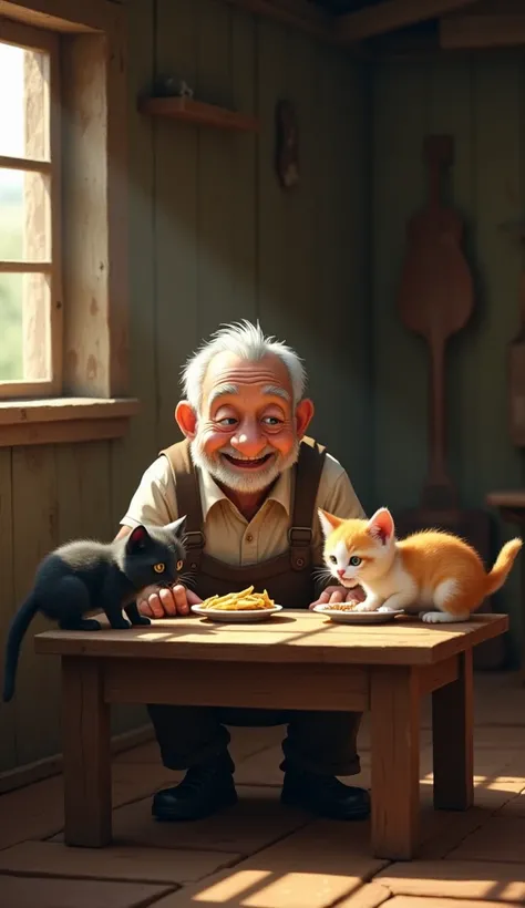 "The old farmer and the three kittens (black, white, orange) sit around a simple wooden table in the dimly lit house. The farmer looks joyful, while the kittens eat enthusiastically from small plates. The atmosphere is warm and homely."