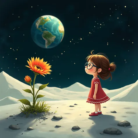  girl, with glasses, He is in the moon and he meets a beautiful flower that talks to him and tells him to stay