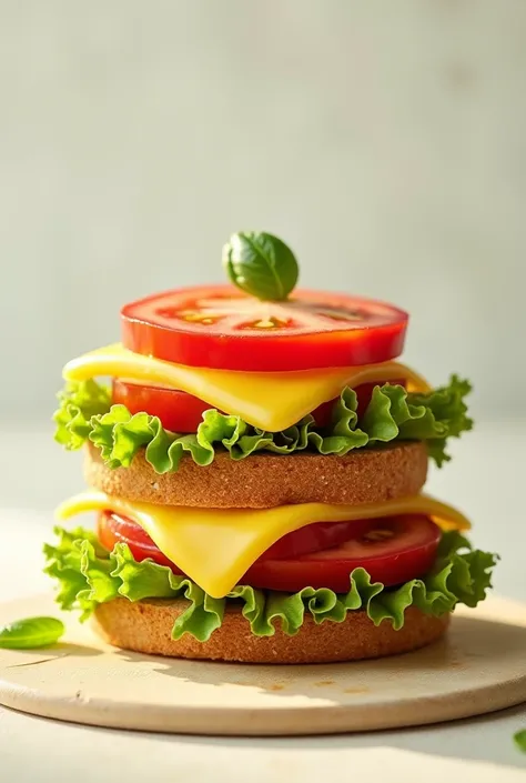 Three-tier sandwich with tomato, lettuce and cheese in a triangle