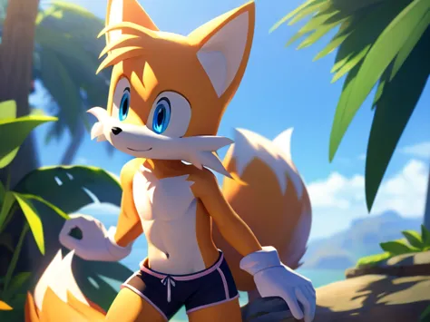 fox tails shiny hair blue eyes detailed body shirtless short pants high quality a masterpiece of sunshine detailed cinematic sho...