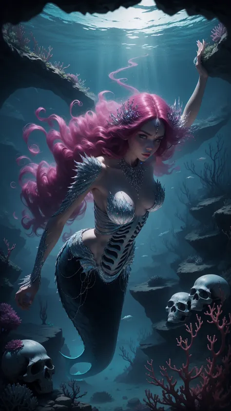 woman 30 years old, underwater, skeleton, ,Under the sea, where coral tendrils and vines abound, a woman (mermaid), long magenta hair (magenta hair) looks at you amidst a pile of bones and skulls. Indifferent look , merciless. dancing among the skulls. Ang...