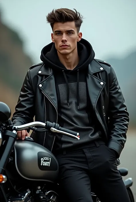 anatomically correct, distant shot, black hoodie, t-shirt with modern pattern and stylish leather jacket, dark pants, full body, ((A handsome man, brown eye color, modern hairstyle, male model in modern clothing leaning on a motorcycle, portrait full lengt...