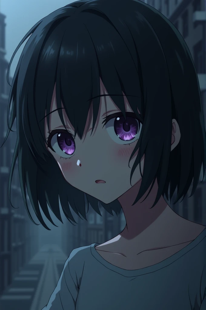 Anime character with depressive short black hair and purple eyes
