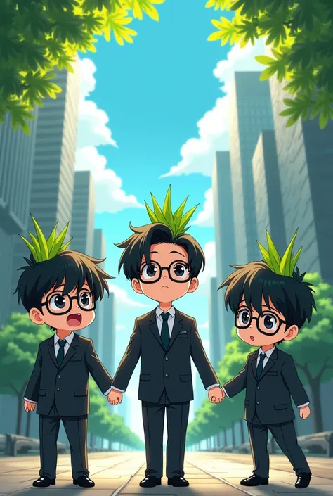  An image of 3 boys in an Anime Chibi version with dark lenses,  with business suit and leaves in their hands , with a background of Top Listo 