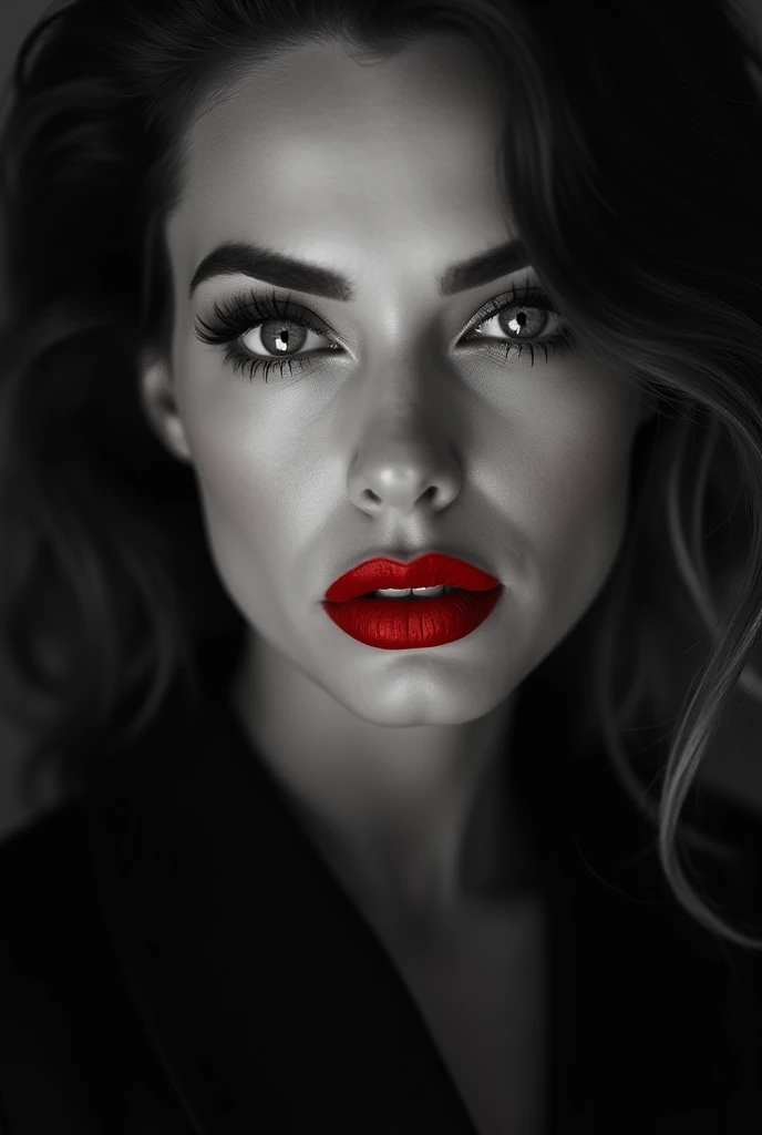 A striking portrait photograph featuring a woman with an intense gaze, taken from a front angle. The image employs a selective color technique, where the subjects face is in sharp focus with vivid red lipstick on her full lips, while the rest of the image ...