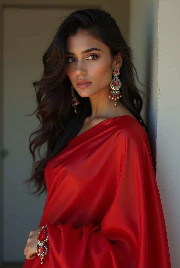 (Sexy 25 year old supermodel fair skinned north indian stepmom with a hot red saree). gray eyes