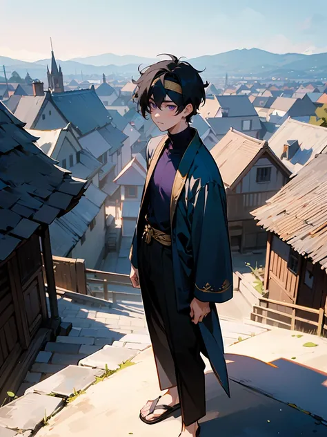 1male ,Blue Headband, Messy Black Hair , Purple Eyes , Somber Expression , Detailed Background , Perfect Generation, , Black Shortsleeve Open Silk Robe with gold trim , White Longsleeve Turtleneck Shirt , Baggy Black Pants , Sandals, Standing infront of a ...