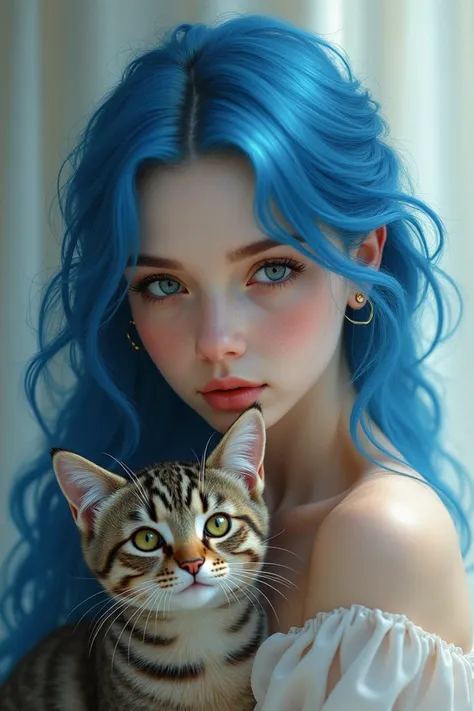 Portrait of a blue haired girl with a cat