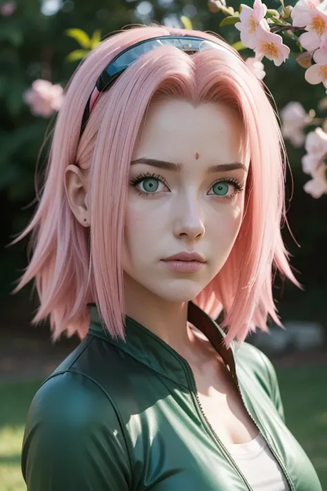 young woman pale skin, long bubblegum pink hair, pink eyebrows, big jade green eyes, buttoned nose, peach lips, small breasts, wide forehead, flower and butterfly kimono, Sakura Haruno, realistic, 3d