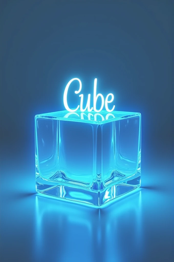 A glass cube that shines blue on its edges and on top of the cube say CUBE in an elegant letter 