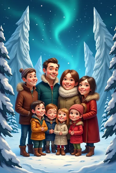 Imagine a caricature painting art big family, gathered in a magical winter landscape. Nine members, two mens,one boy,two girls,one ,three women 