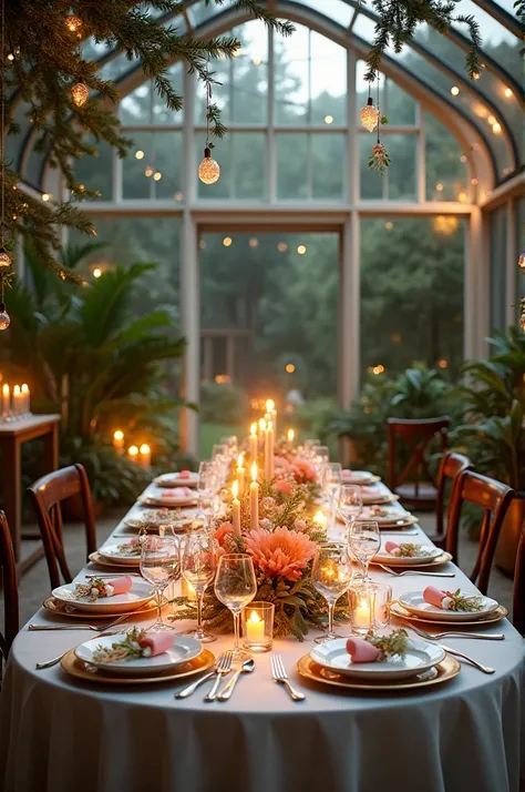 New Years banquet table designs in glass greenhouse