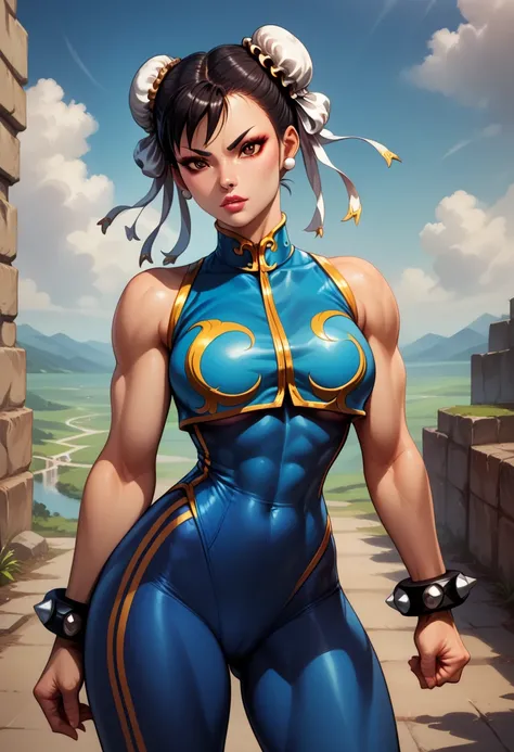 score_9, score_8_up, score_7_up, BREAK, score_9, 1girl, chun-li (street fighter), black hair, brown eyes, makeup, eyelashes, short hair, breasts, looking at viewer, fist on hand, lips, alpha_costume, blue bodysuit, blue leotard, blue vest, sleeveless, cowb...