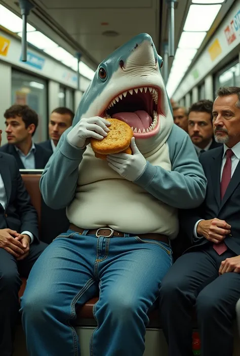 Big white shark eating sandwich in Subway with blue jeans