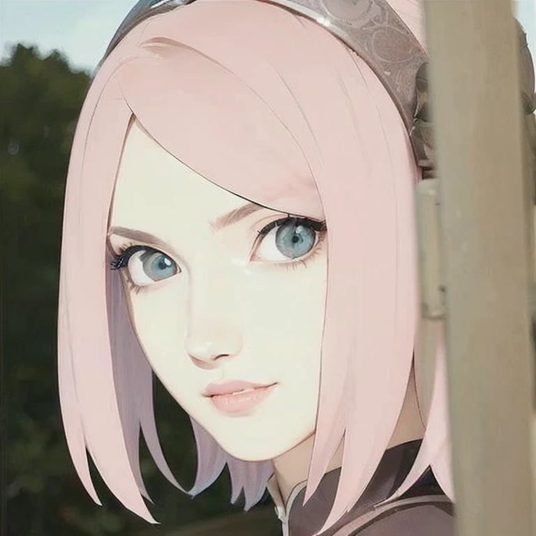 young woman pale skin, long bubblegum pink hair, pink eyebrows, big jade green eyes, buttoned nose, peach lips, small breasts, wide forehead, flower and butterfly kimono, Sakura Haruno, realistic, 3d