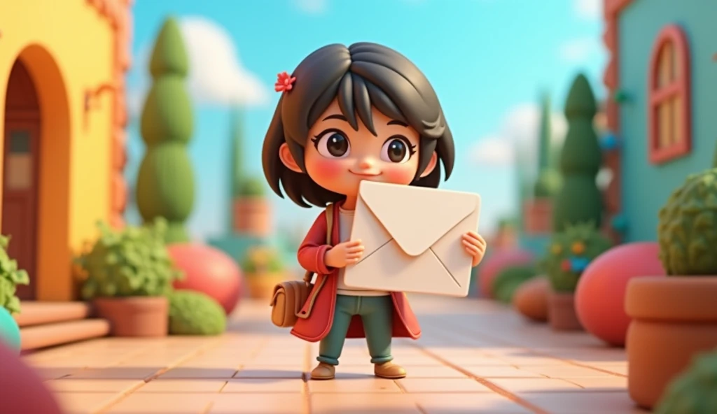 The foreign teacher holds a letter, in a 3D chibi cartoon style.