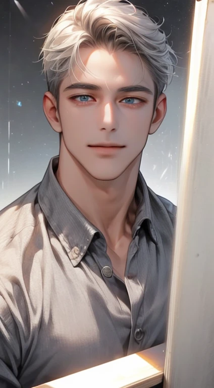 (best quality,4k,8k,highres,masterpiece:1.2),ultra-detailed,(realistic,photorealistic,photo-realistic:1.37),1 man,31 years old,mature man,very handsome,without expression,smile,short gray white hair,blue eyes,penetrating gaze,perfect face without errors,im...