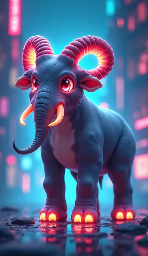 Create a mix of goat and elefant in anime style in very glowing and with a cool background 