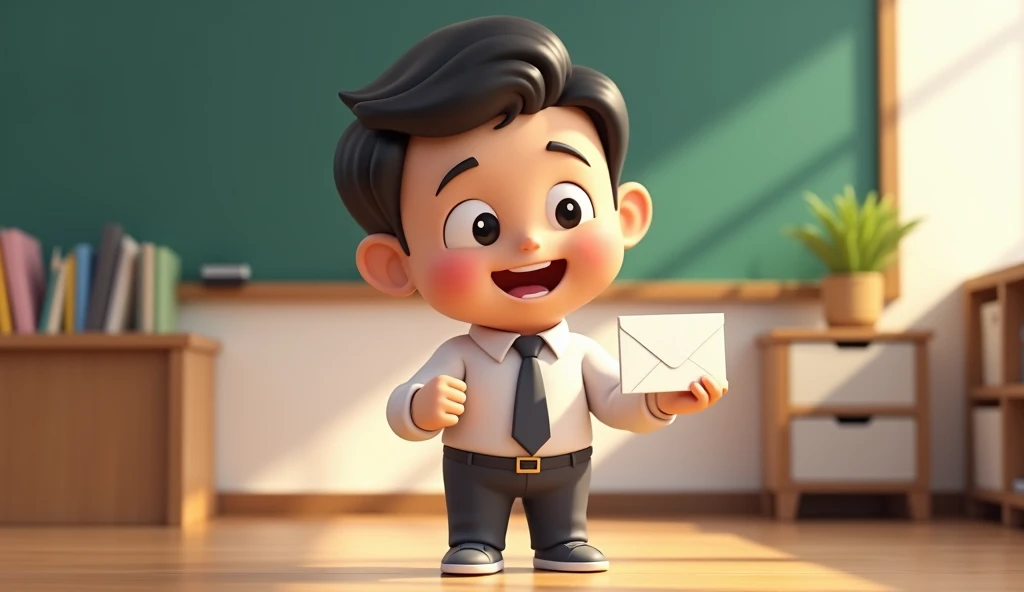 The man teacher holds a letter, in a 3D chibi cartoon style.