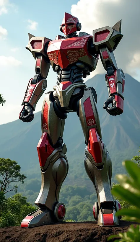 "A towering robot inspired by Indonesia’s flag, adorned with red and white colors, blending futuristic tech with traditional motifs. The robot’s shining metallic finish catches the light as it stands on a volcano in Bali, its fists primed for action."