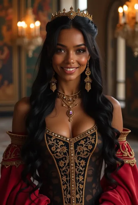 " Image of a beautiful princess ,  of an indigenous biotype ,  with tan skin and long dark hair ,  gently falling over your shoulders .  Her eyes are deep black and she displays an enchanting smile ,  transmitting a mix of significant and strength .  She i...