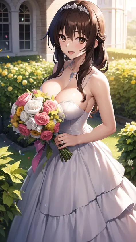 masterpiece, best quality, highres, girl, Issei Hyoudou, High School DxD, Brown hair, Brown Eyes, large breasts, wedding Dress, standing, garden, confetti holding bouquet, smile, open mouth, looking at viewer 