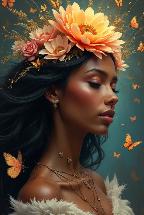 .teface a close up of a woman with a flower and butterflies, flower goddess, 3 d goddess portrait, a stunning portrait of a goddess, psychedelic goddess, intricate beautiful painting, the butterfly goddess of fire, goddess art, portrait of a beautiful godd...