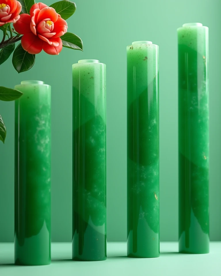 The image consists of six bright green columnar decorative semi-translucent jade panels arranged vertically, with a green background as the main color. The six decorative panels are neatly arranged vertically and symmetrically, visually simple and organize...