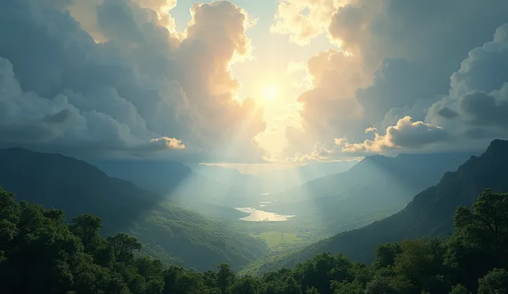 A vast landscape under a dramatic sky with rays of sunlight breaking through clouds, symbolizing divine power; no people in the scene, just natures majesty. —ar 16:9