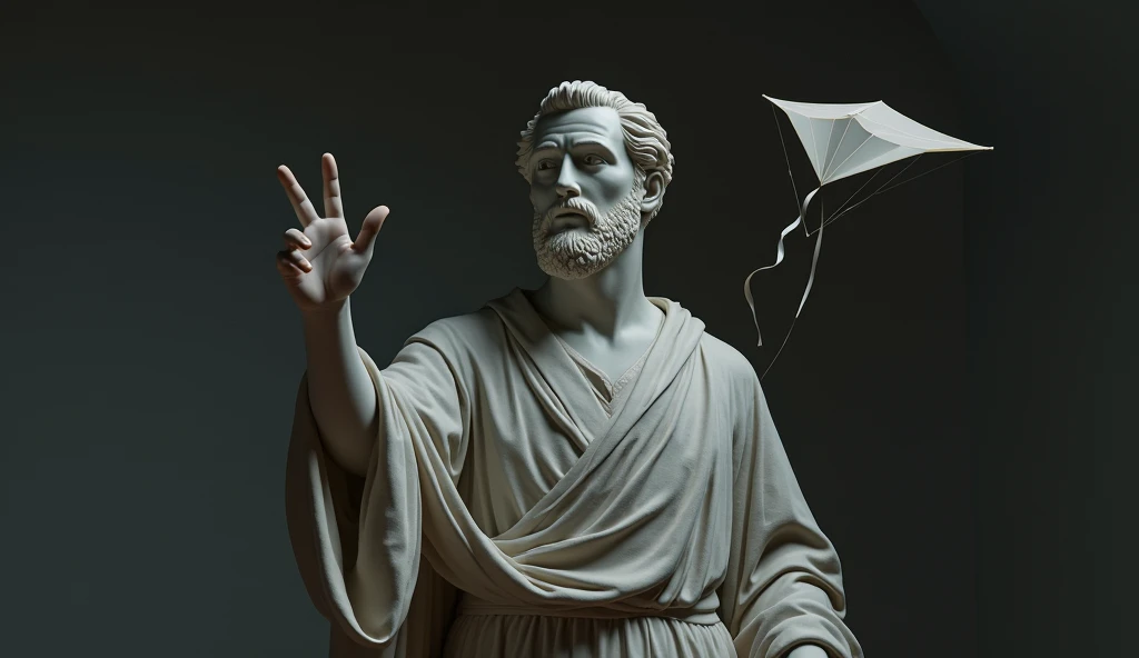 "A Roman marble figure delicately holding a kite flying in the wind. The light focuses on his hand and his calm expression, while the background dissolves into darkness, symbolizing emotional control."
