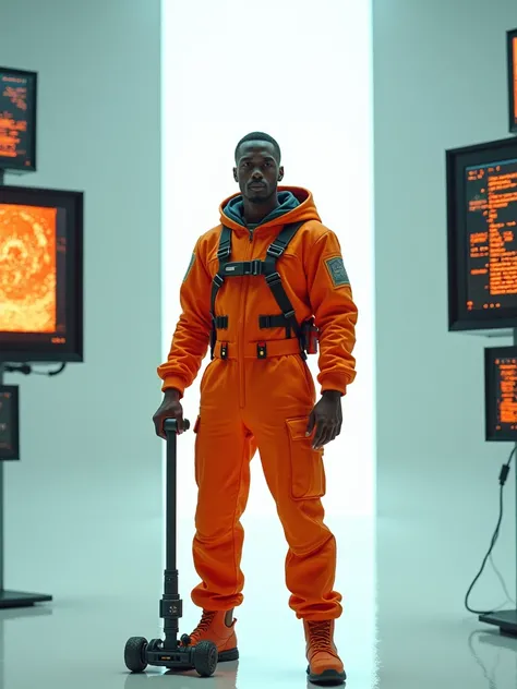 a man in an orange spacesuit without a helmet, with a tire iron in his hands, stands against the background of monitors with interference in a white room, in the style of an eighties movie