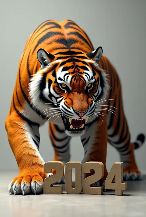 A tiger crunching the number "2025" And who crushes "2024". Realistic 