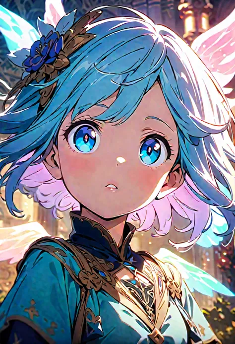 A beautiful young angel girl with short pale blue hair, medium length hairstyle, small chest, and round face, wearing a blue robe, with small wings on her back, blue eyes, and hair accessories with double wings, in a fantasy world setting, a vivid RPG-styl...