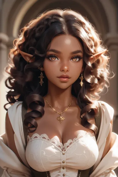 Full body image of an Elf cleric with brown skin long hair that reaches waist height full and curly 