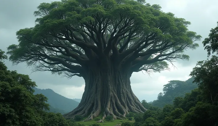  A detailed photo of the trunk and the canopy of the jatobá, with a cloudy sky, to reinforce the dark climate .