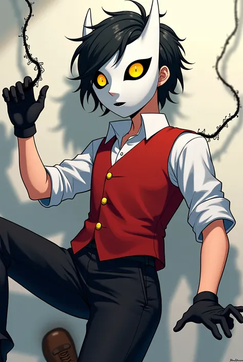 A male teenager he is wearing a white dress shirt a red vest with gold buttons he wears a mask to cover his face the mask only has two big yellow eyes the rest is totally white he has black hair he wears black gloves and threads are coming out of those glo...