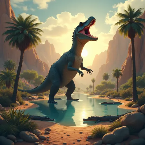 Designing a realistic realistic image for printing on high-quality clothes inside a fierce dinosaur ring that raises its head and screams in the middle of a desert and mountains behind it are relatively far away. There is an oasis of palm trees with a ball...