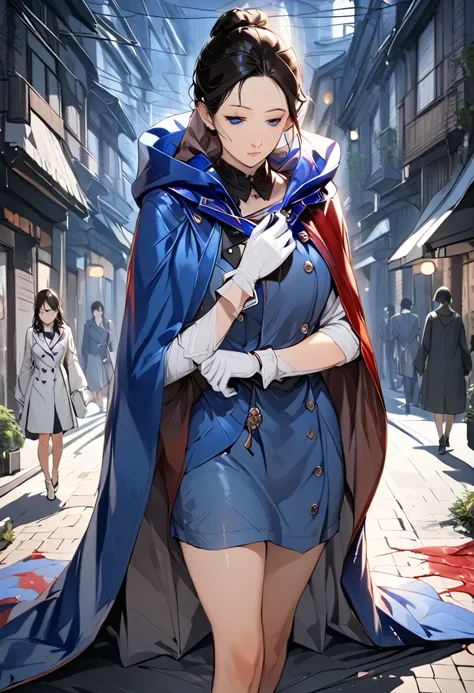 South korea asssassin walk women mystery hooded on with modern royal Blue coat with long and wide sleeves with buttons and royal Blue cape and very high white heel over the knee and white gloves, As she reveals a small secret hidden blade coming from his p...