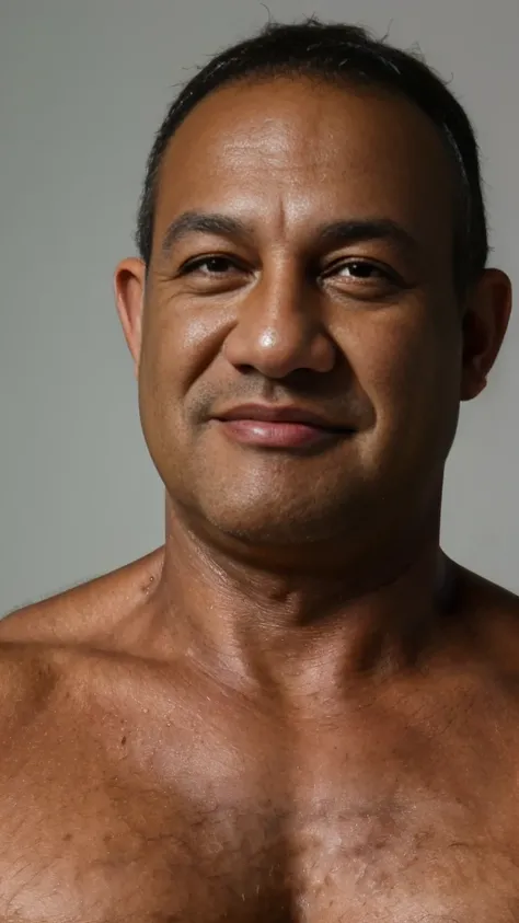 (best quality,highres,ultra-detailed,realistic:1.5), portrait, middle-aged man,asian,brown skin, chubby, very muscular, masculine, broad chest, wide shoulder, huge muscular arms, hairy tits, hairy nipples, handsome, 60 years old, shirtless, g-string, fathe...