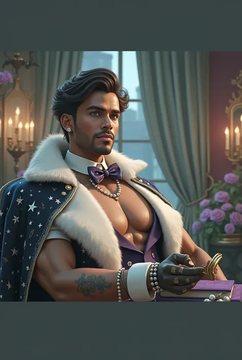 Very young black man handsome muscular giant blue or green eyes brown hair dressed as a steampunk gentleman tattoos tuxedo starry tweed black blue and silver scarf tweed starry purple and black beret tweed black and purple leather leather pearls lace jewel...